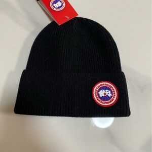 Canada Goose Black Ribbed Knit Beanie with Red Logo Patch